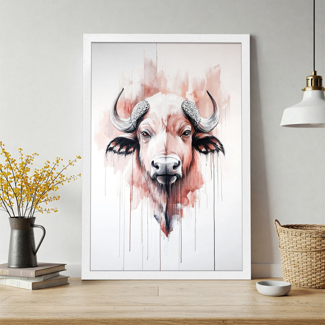 Framed Poster featuring a watercolor-style buffalo. Earthy tones of red, white, and black create a striking art piece. Perfect for home decor!