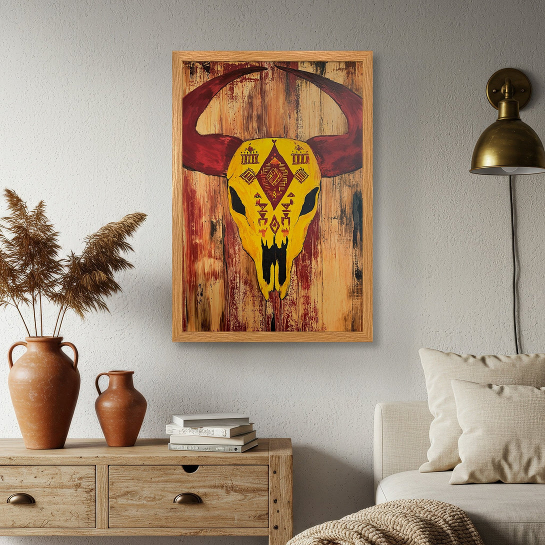 Framed Poster featuring a vibrant bull skull design, rustic style, with a warm yellow, red, and brown color palette. Perfect wall art!