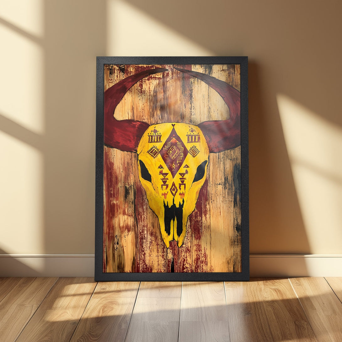 Framed Poster featuring a bull skull with tribal patterns. Rustic style, warm yellow, red, and brown color palette. Add a unique touch to your decor!