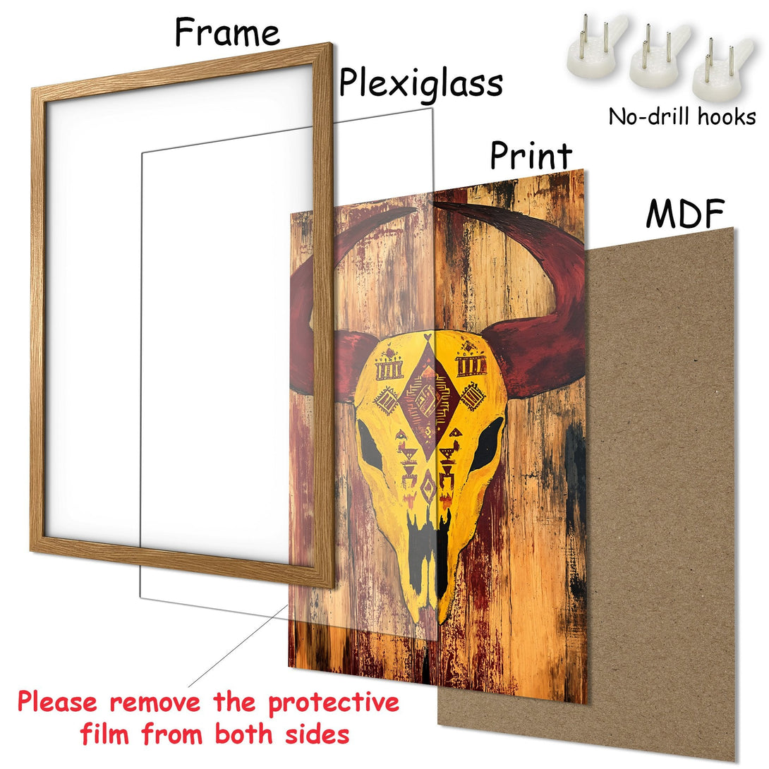 Framed Poster featuring a tribal bull skull art print. Rustic style with warm yellow, brown, and red color palette. Ready to hang!