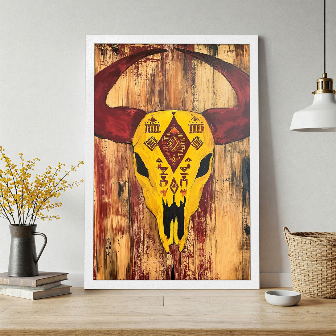 Framed Poster of a yellow bull skull with tribal designs, rustic style, and a warm red and yellow color palette. Perfect wall art!