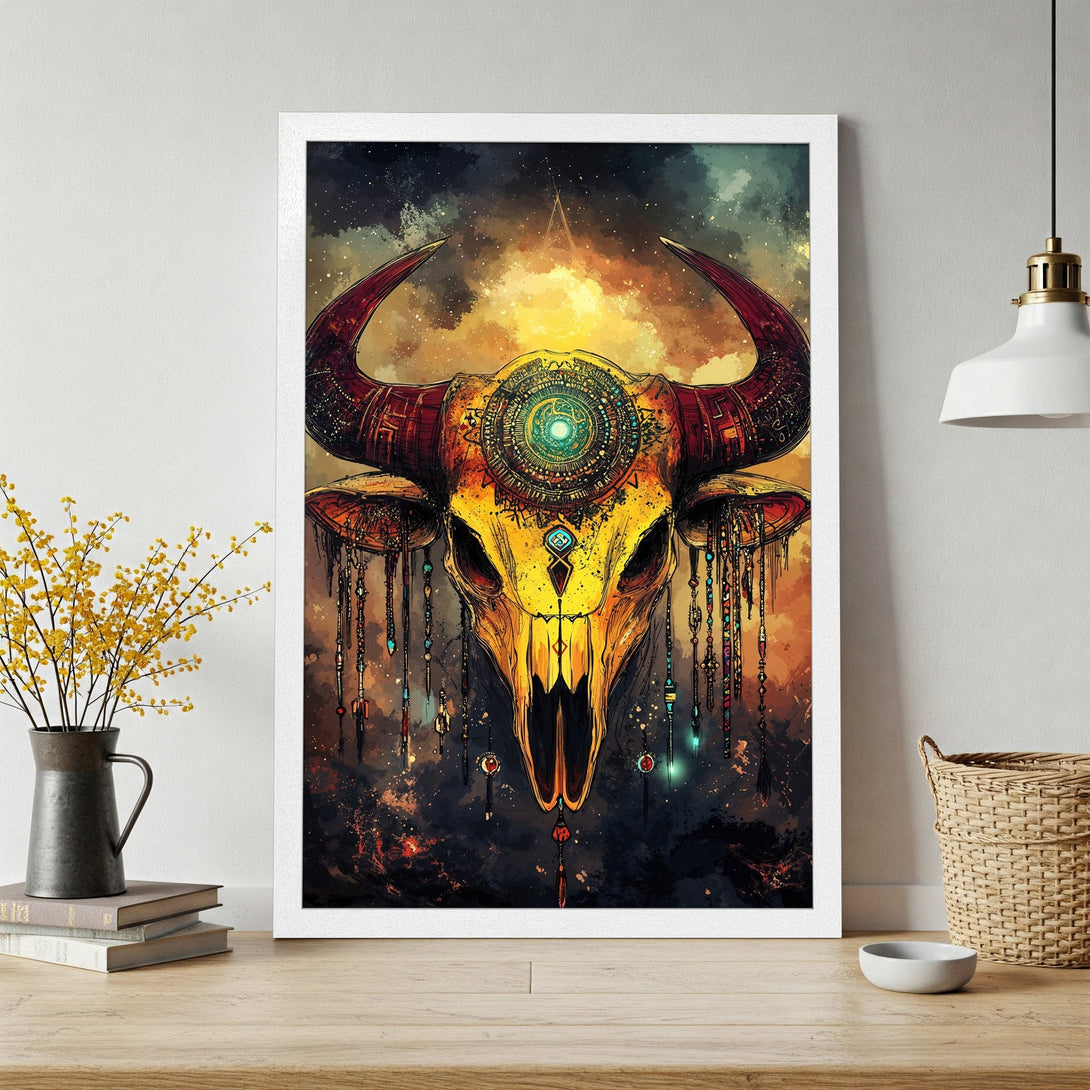 Framed Poster featuring a vibrant bull skull art print in a cosmic, watercolor style with warm, earthy tones. Perfect wall decor!