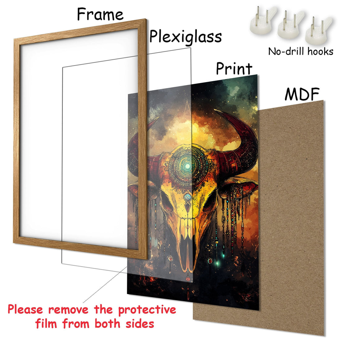 Framed Poster featuring a vibrant bull skull design in warm, earthy tones. Perfect for adding a touch of bohemian art to your space.