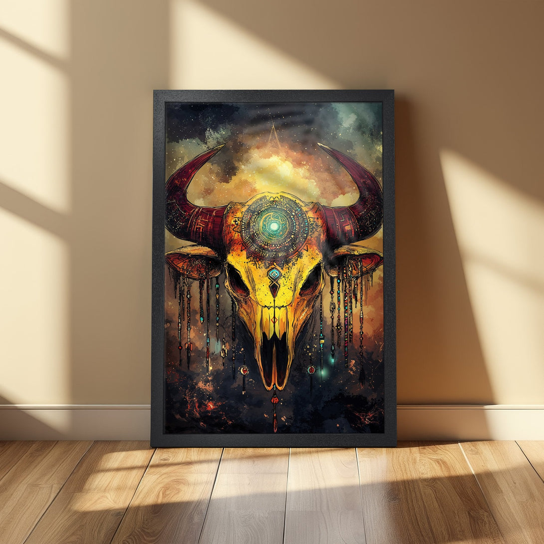 Framed Poster featuring a stylized bull skull in warm yellows, oranges, and reds with a dark, textured background. Perfect wall art!