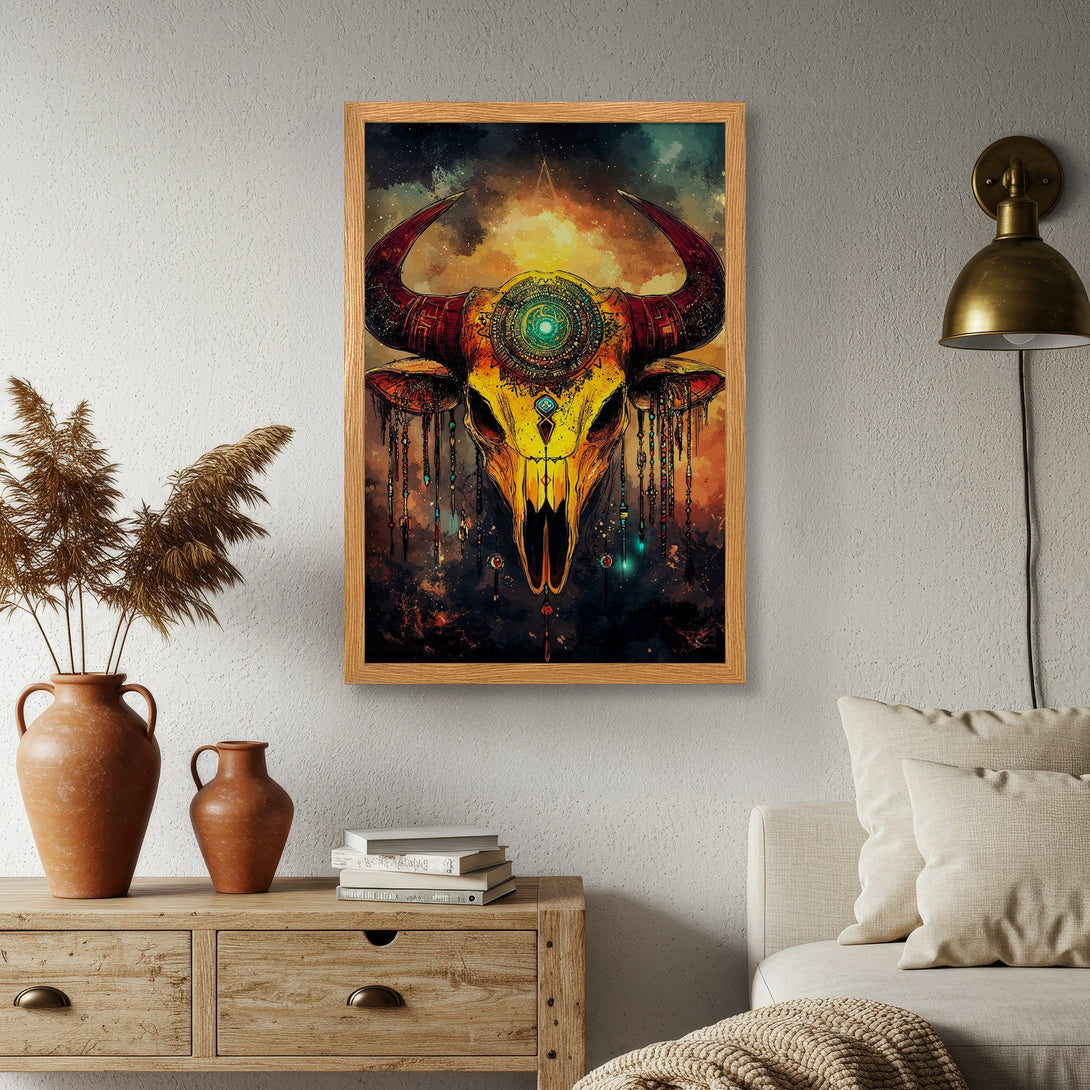 Framed Poster featuring a vibrant, stylized bull skull in warm yellow, orange, and red tones. Perfect wall art for a boho or eclectic decor.