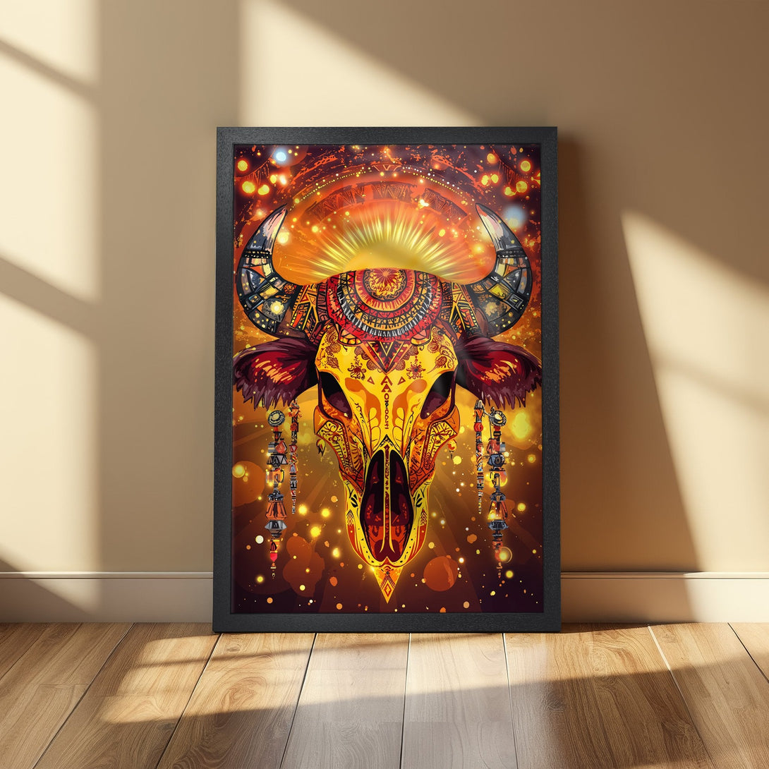 Framed Poster featuring a detailed, colorful bull skull illustration in a warm, vibrant palette. Perfect wall art!