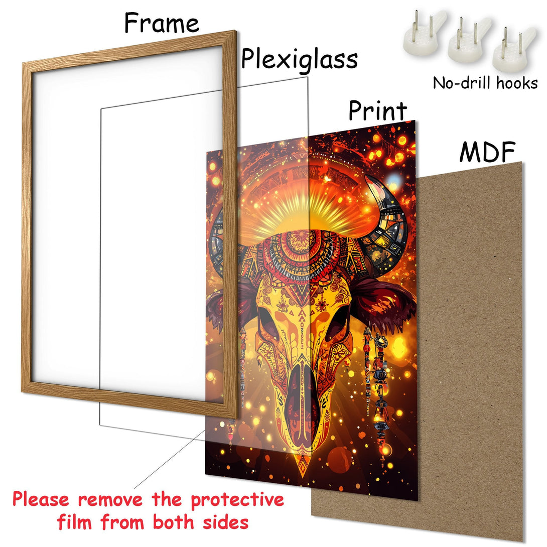 Framed Poster featuring a vibrant, detailed skull illustration with warm orange and yellow tones. Perfect wall decor.