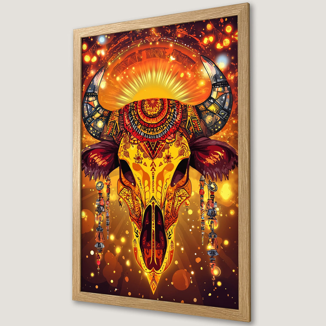 Framed Poster featuring a stylized bull skull with intricate patterns in warm orange and yellow tones, perfect wall art.
