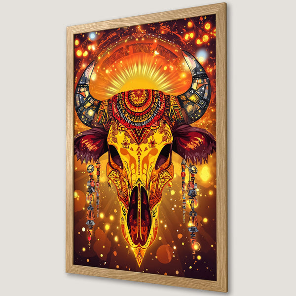 Framed Poster featuring a stylized bull skull with intricate patterns in warm orange and yellow tones, perfect wall art.
