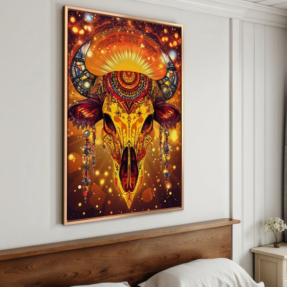 Framed Wall Art: Vibrant bull skull canvas print with warm orange and yellow tones, perfect for boho decor. Shop now!