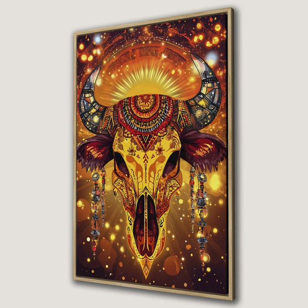 Boho Canvas Print featuring a detailed bull skull in warm gold and orange tones. Perfect for adding unique wall art to your home!