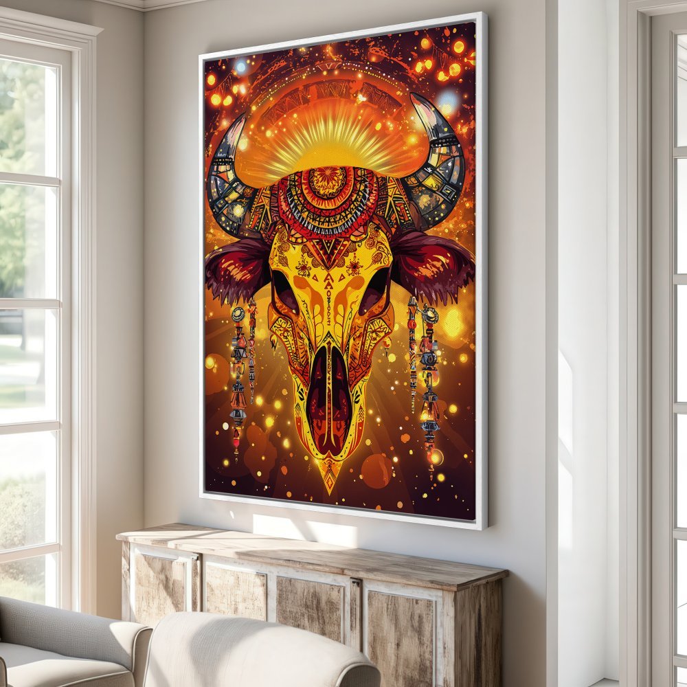 Framed Wall Art: Colorful bull skull art print in warm orange and yellow tones. Boho style canvas print for home decor.