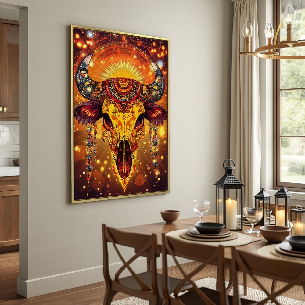 Canvas Print of a vibrant, stylized bull skull in warm yellow and orange tones. Boho wall art perfect for any room!