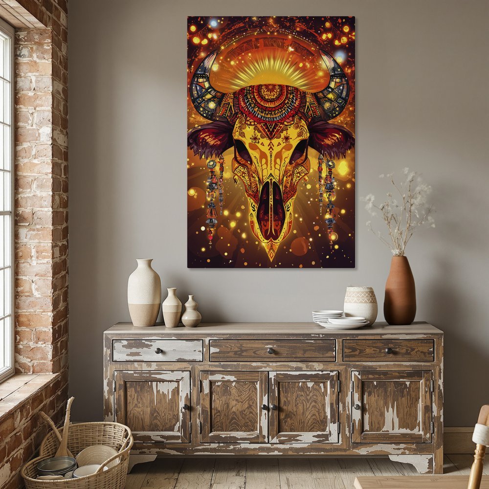 Framed Wall Art: Vibrant bull skull art in warm orange & yellow tones. Boho style Canvas Print adds unique flair to your dining room!