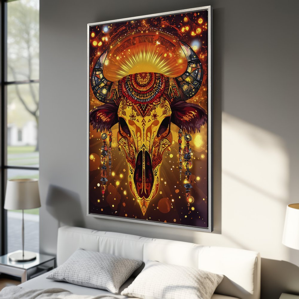 Framed Wall Art: Intricate bull skull art in warm orange & gold tones. Boho style canvas print adds unique flair to your home decor.
