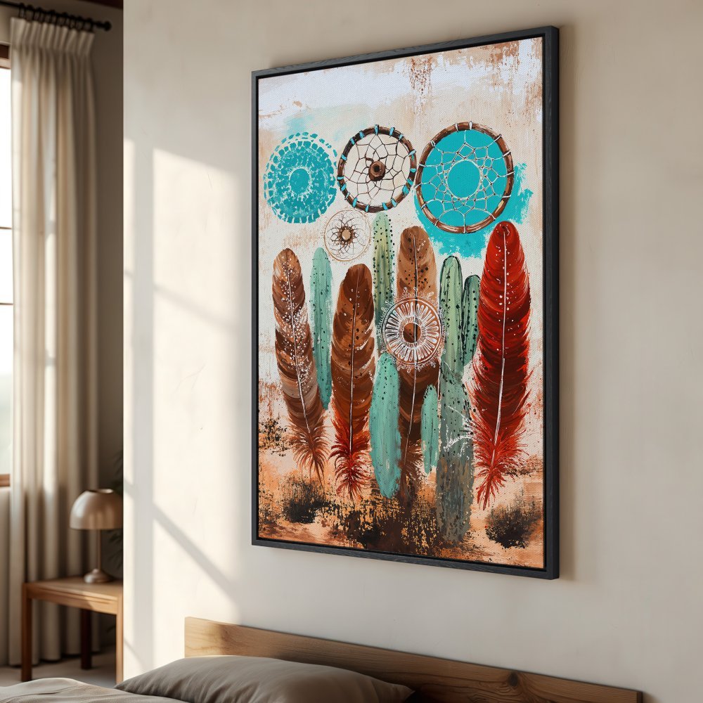 Framed Wall Art featuring a boho-chic design with feathers and dream catchers in a warm, earthy color palette. Perfect for adding a touch of style!