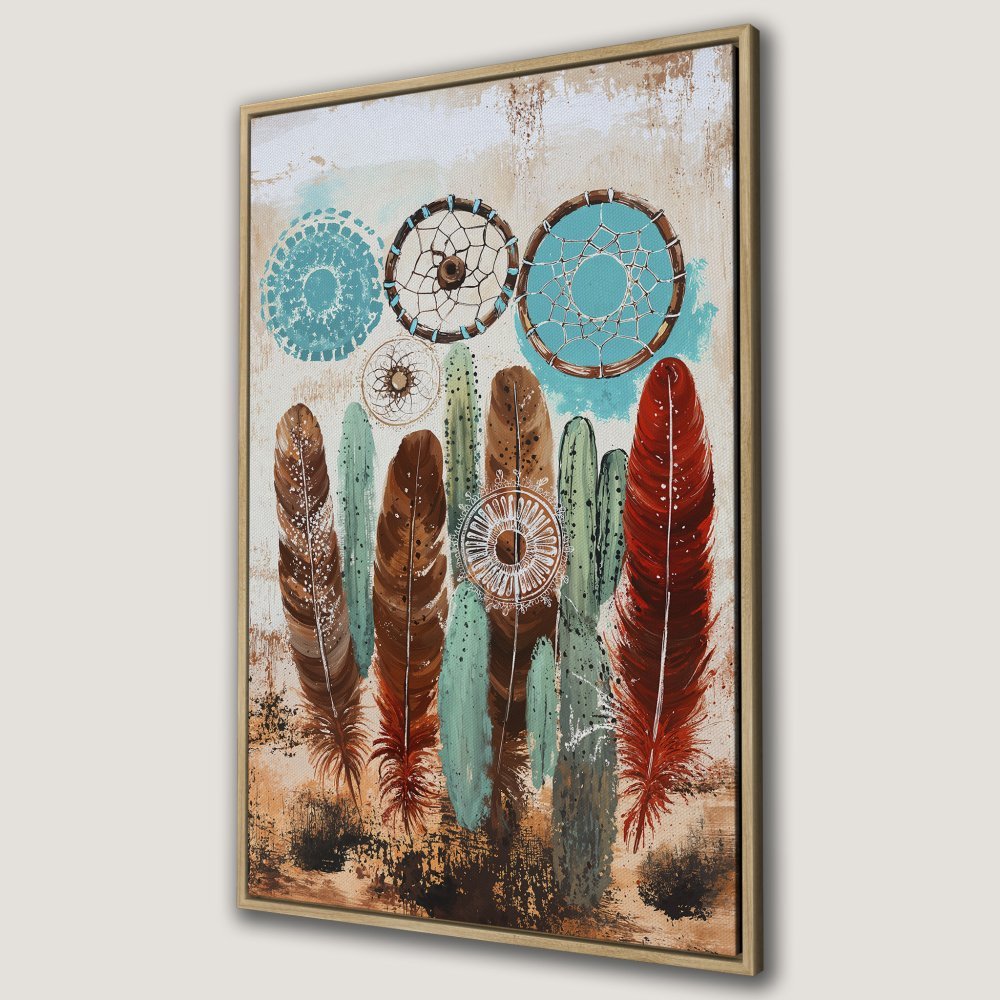 Framed Wall Art: Bohemian dreamcatcher and feather print in warm earth tones and turquoise. Perfect for adding a touch of boho style to your home.