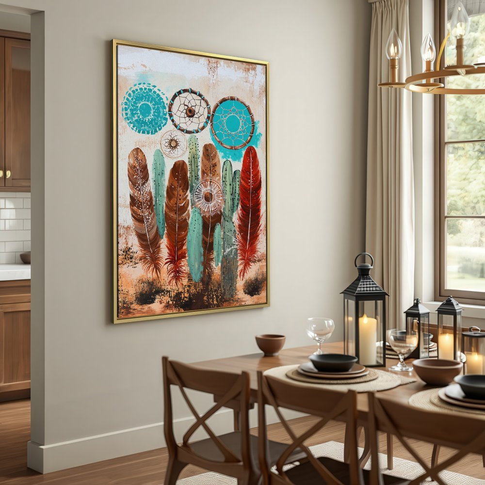 Canvas Print featuring boho dreamcatcher and feather art, earthy tones, and turquoise accents. Perfect wall decor!