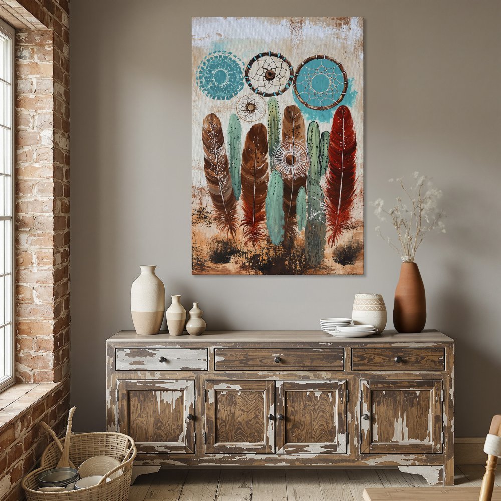 Framed Wall Art: Bohemian feather & dreamcatcher Canvas Print in warm earth tones. Perfect for adding a touch of Southwestern style to your home decor.