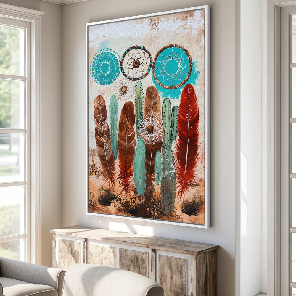 Framed Wall Art featuring boho dreamcatchers and feathers in earthy tones. Add a touch of bohemian style to your space with this stunning Canvas Print!