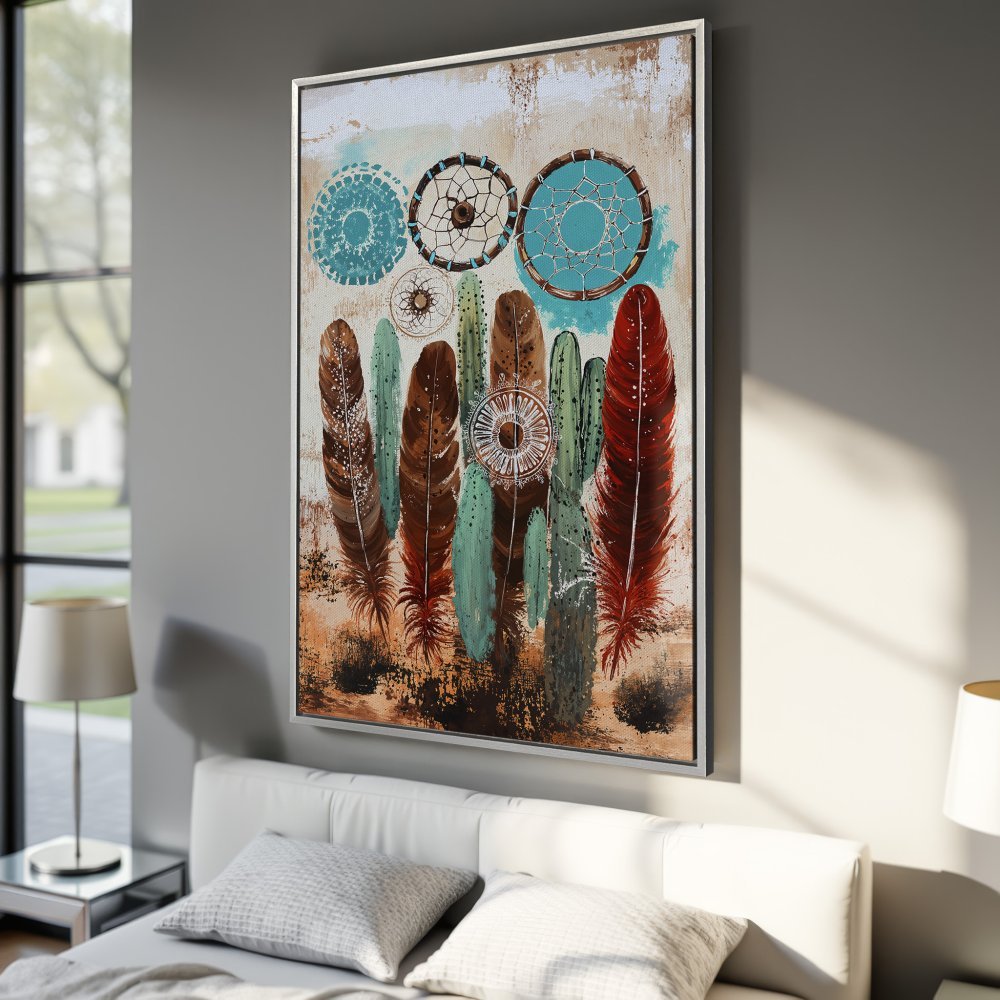 Framed Wall Art: Bohemian feathers & dreamcatchers in earthy tones. Add a touch of southwestern style with this Canvas Print, perfect for any room!