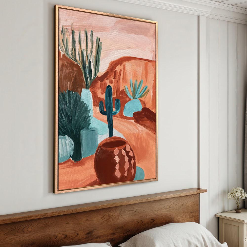 Framed Wall Art: Desert landscape painting with teal cacti and terracotta tones. Add a touch of Southwestern style to your space!