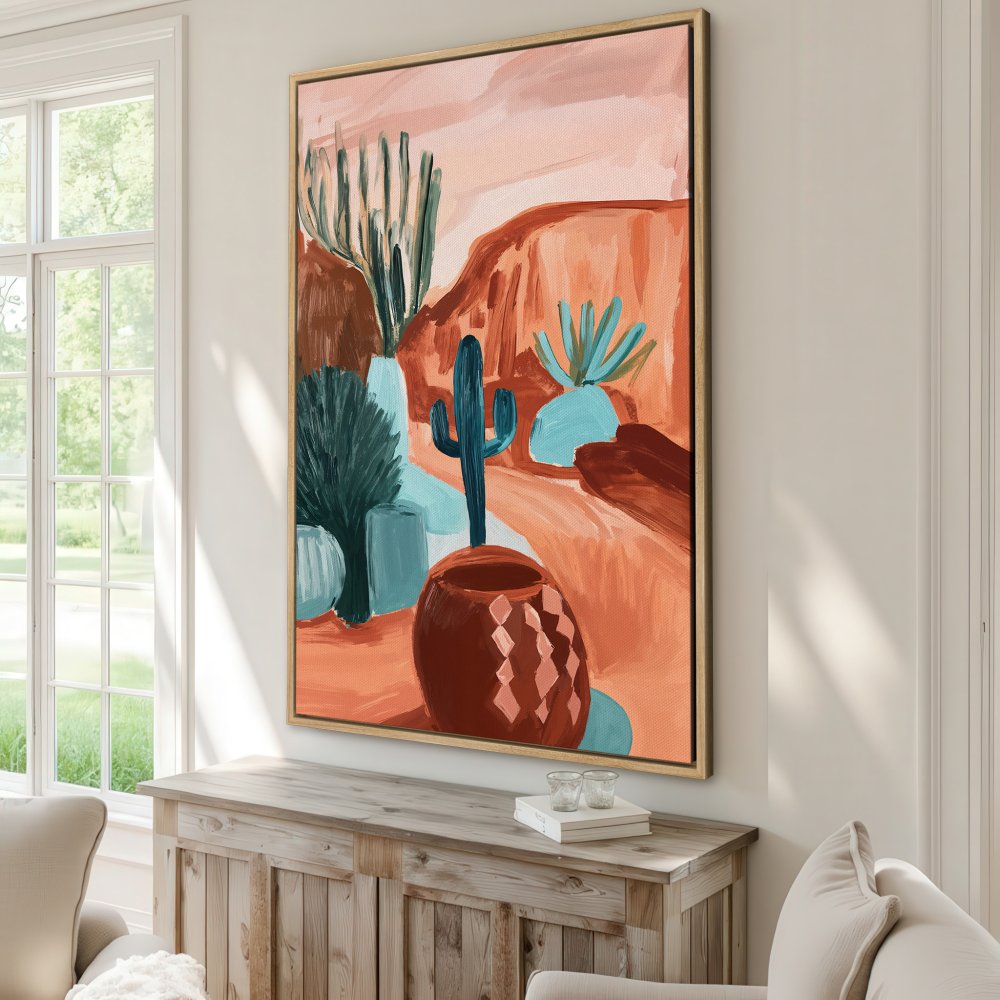 Framed Wall Art: Desert landscape Canvas Print in warm terracotta tones. Modern art with cacti and southwestern style. Perfect for home decor.