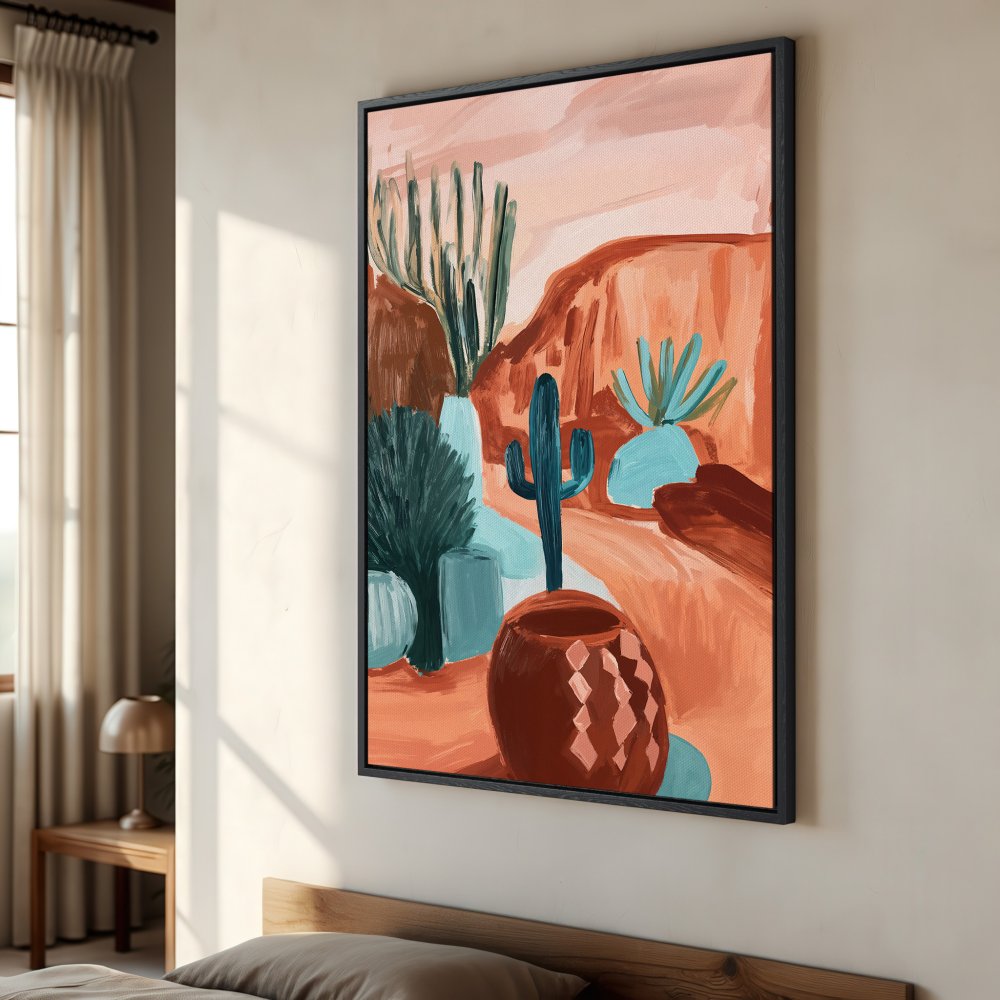 Framed Wall Art: Desert landscape Canvas Print in warm terracotta and teal tones. Modern, abstract art perfect for adding a touch of southwestern style.