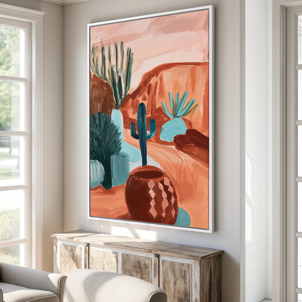 Framed Wall Art: Desert landscape Canvas Print in warm terracotta tones. Modern art with cacti & southwestern vibes. Perfect for home decor.