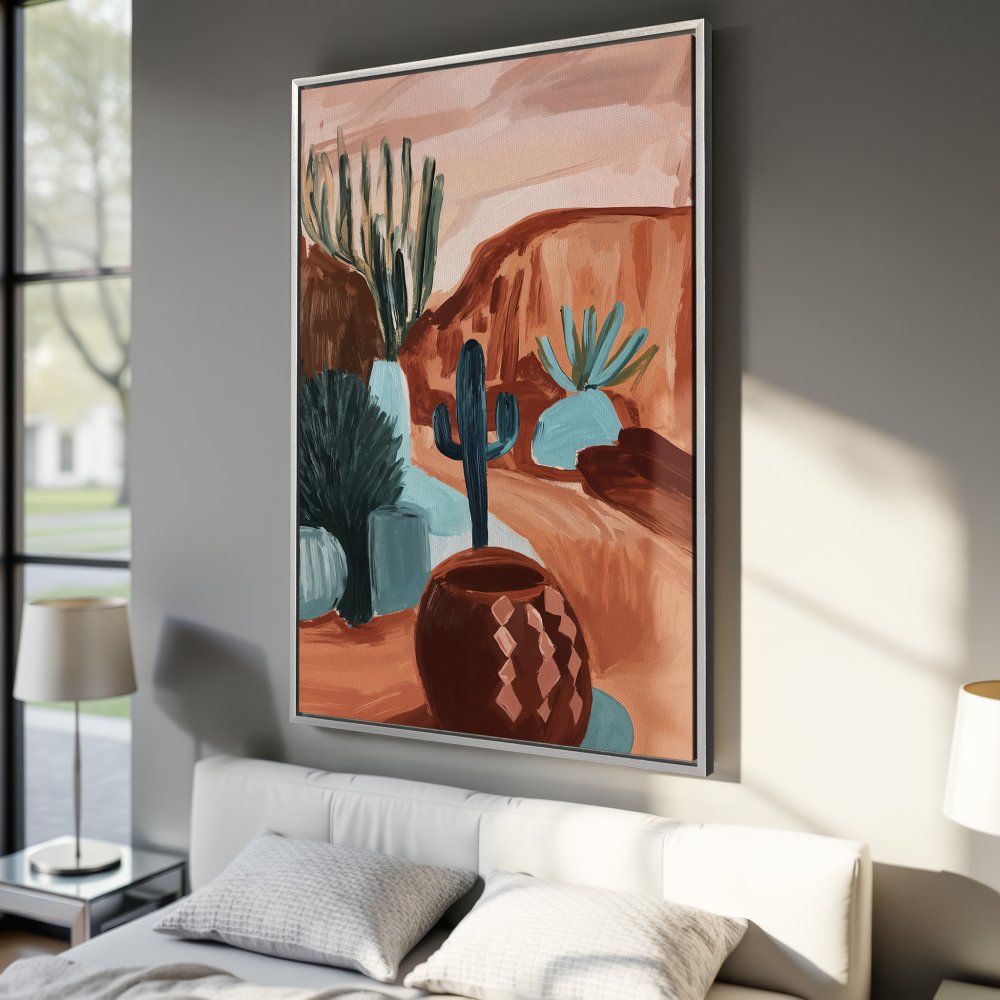 Framed Wall Art: Desert landscape Canvas Print in warm terracotta and teal tones. Modern, abstract painting perfect for any home decor.
