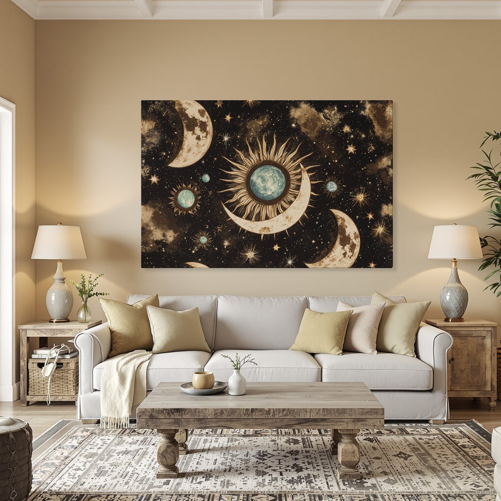 Framed Wall Art: Celestial Canvas Print featuring sun, moon, and stars in a vintage style. Earthy tones & cosmic design for your home decor.