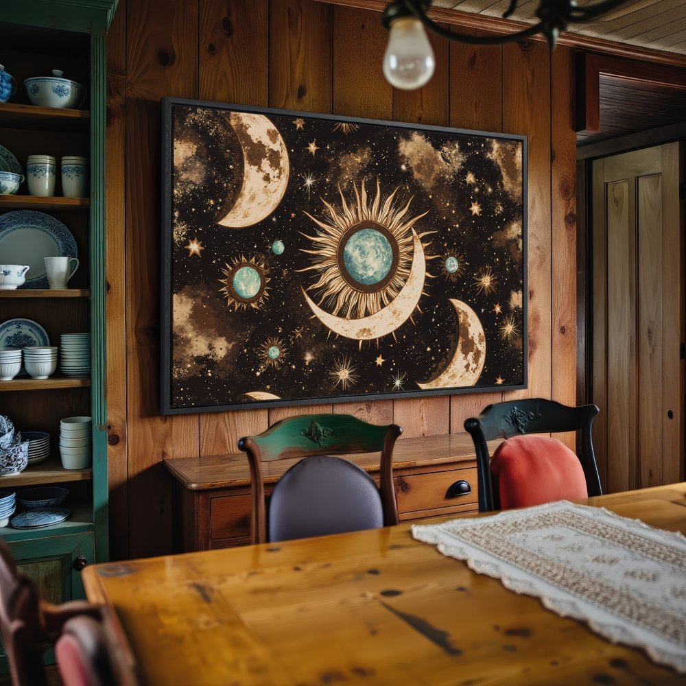 Framed Wall Art: Celestial design Canvas Print featuring sun, moon, and stars in a warm, earthy color palette. Perfect for adding a touch of magic.