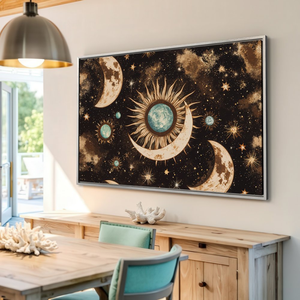 Framed Wall Art: Celestial-themed Canvas Print with sun, moon, and stars. Earthy tones of brown, gold, and teal create a mystical and stylish wall decor piece.