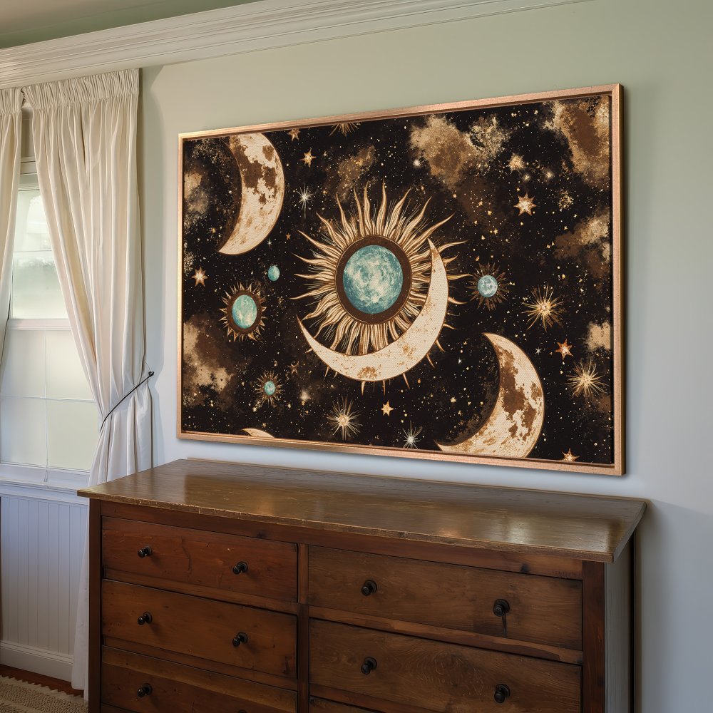 Framed Wall Art: Celestial design Canvas Print with sun, moon, and stars in a boho style. Earthy tones of brown, gold, and teal on a dark background.