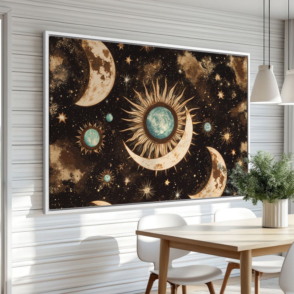 Celestial Canvas Print featuring sun, moon, and stars in a bohemian style. Earthy tones on a dark background create a mystical aesthetic.