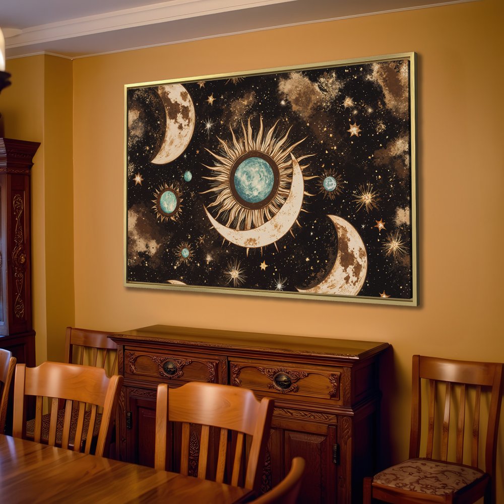 Canvas Print featuring celestial art with moons, suns, and stars in a dark, warm color palette. Perfect for adding a touch of boho style!