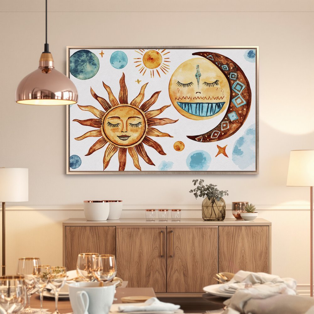 Framed Wall Art featuring a whimsical sun and moon watercolor design in warm earth tones and blues, perfect for boho decor.