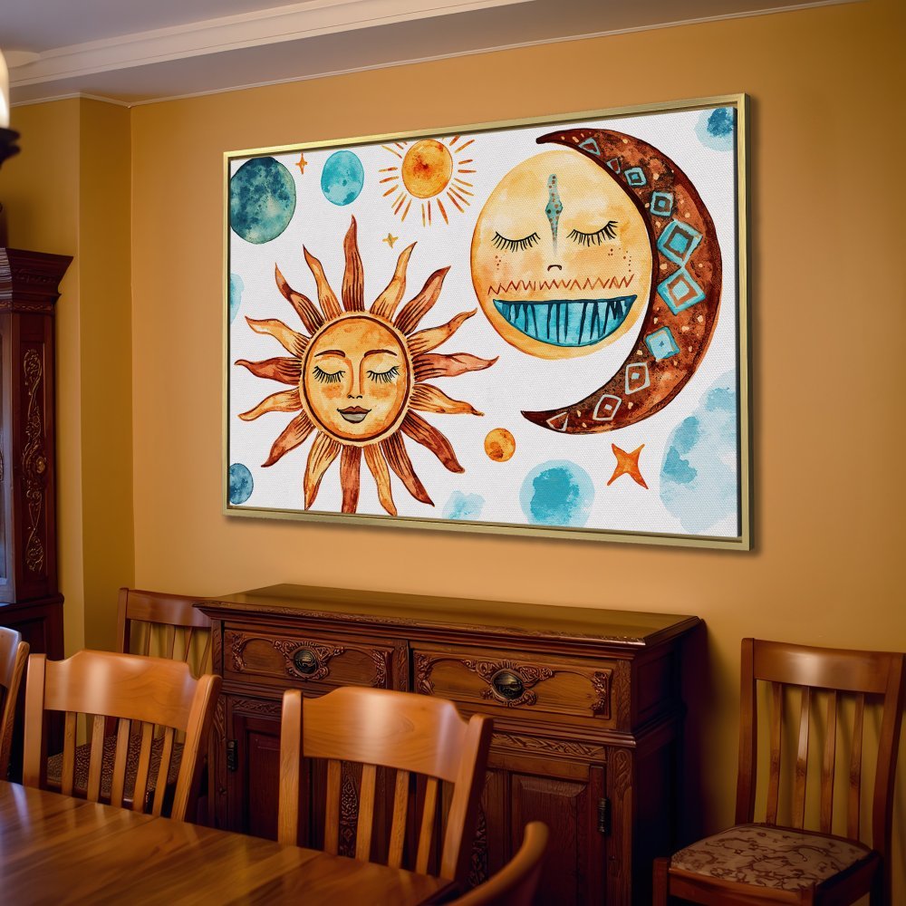 Boho Canvas Print featuring a watercolor sun and moon in warm earth tones. Perfect wall art for a cozy living room!