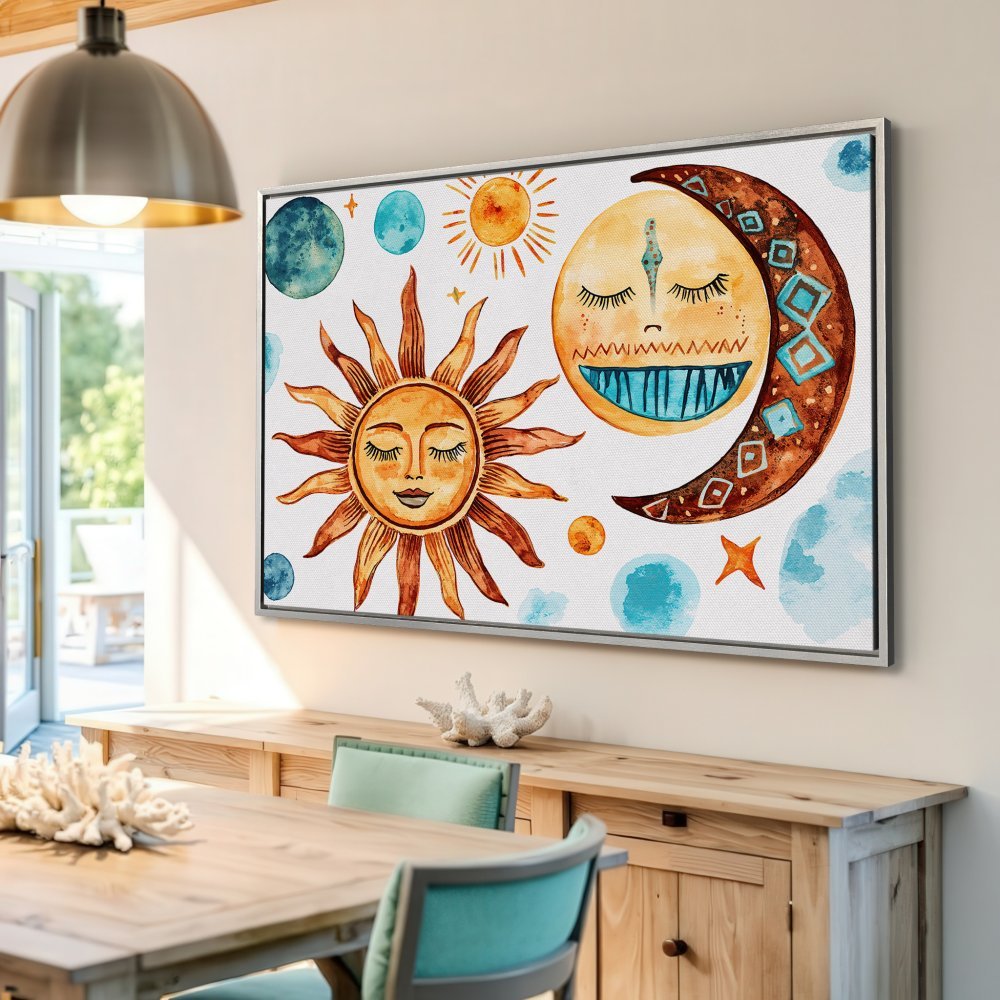 Framed Wall Art: Whimsical sun & moon watercolor print in warm orange, brown, & teal. Boho style canvas art for your home decor.