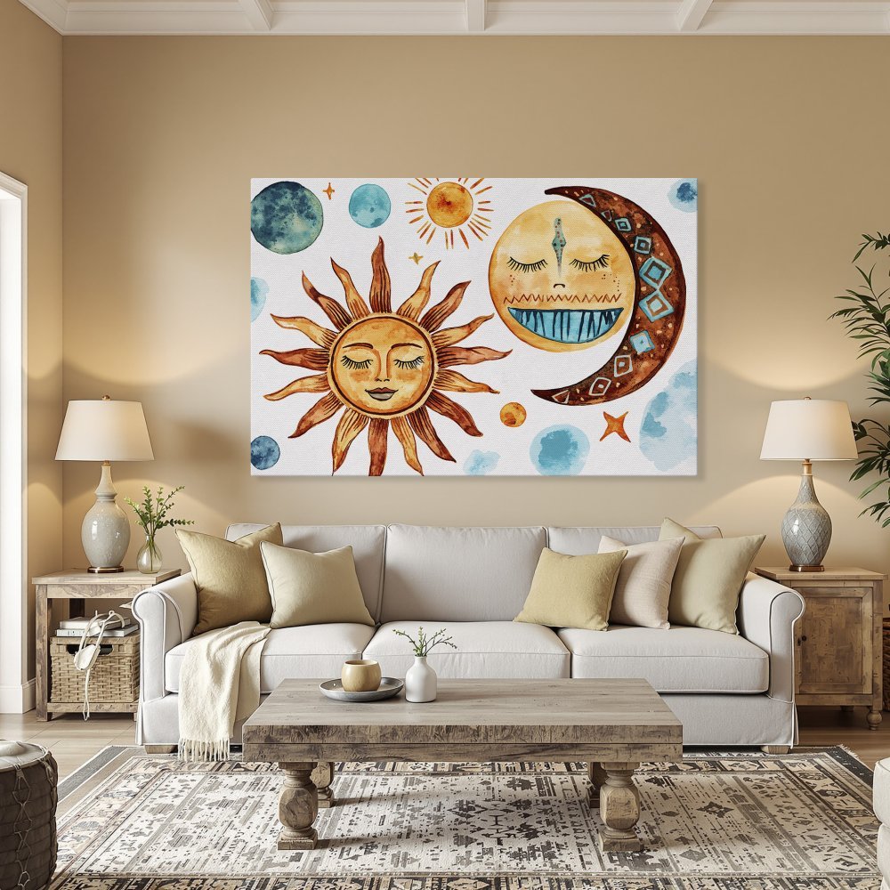 Framed Wall Art featuring a whimsical sun and moon watercolor design in warm orange, blue, and brown tones. Perfect for boho decor!