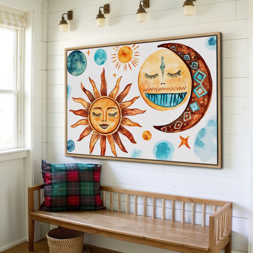 Framed Wall Art featuring a whimsical sun and moon watercolor design. Warm orange, brown, and turquoise hues create a bohemian aesthetic, perfect for adding personality to any space.