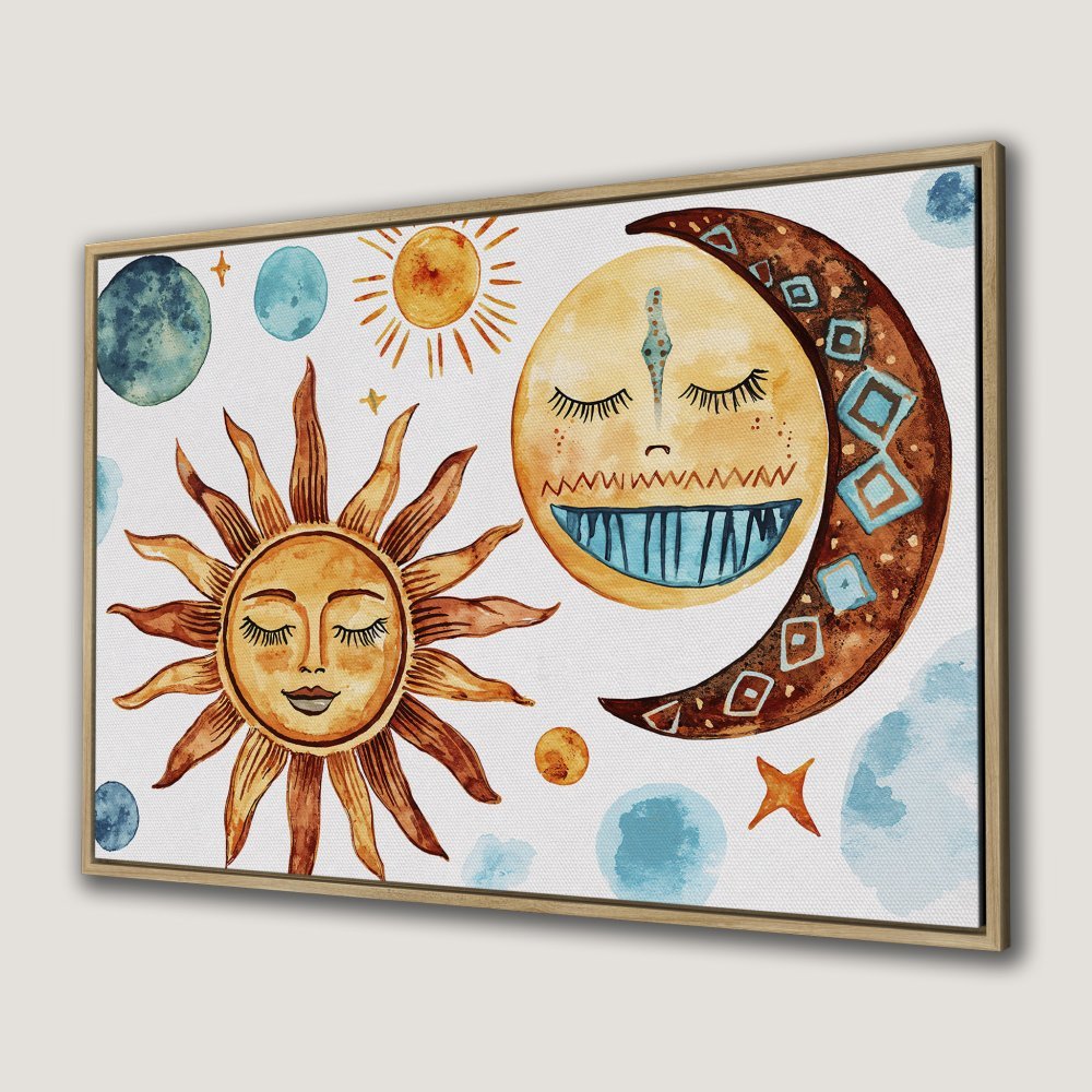 Canvas Print featuring whimsical watercolor sun and moon art in warm orange, brown, and blue tones. Perfect boho wall decor!