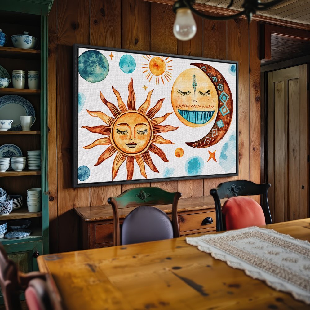 Framed Wall Art: Watercolor sun and moon print in warm orange and blue tones. Perfect boho decor for your home!