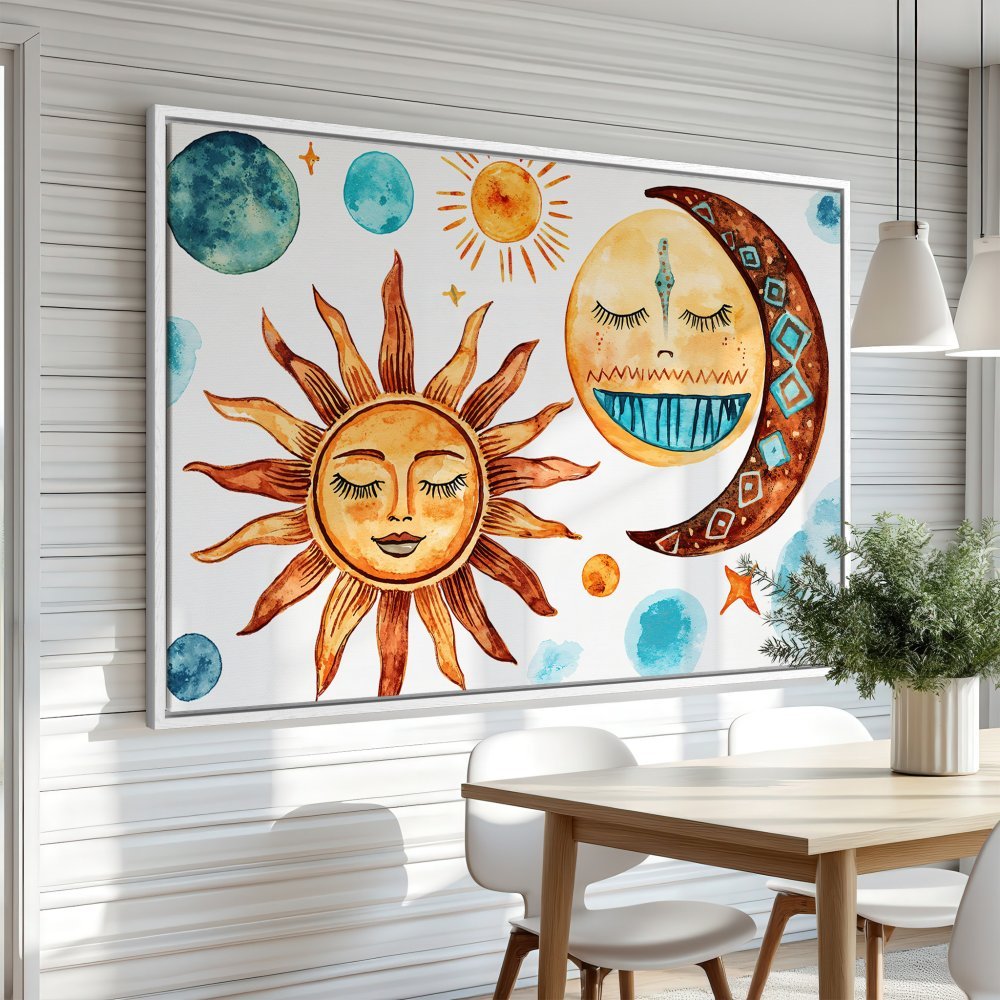 Canvas Print featuring a whimsical sun and moon watercolor illustration in warm orange and blue tones. Perfect wall art for any space!