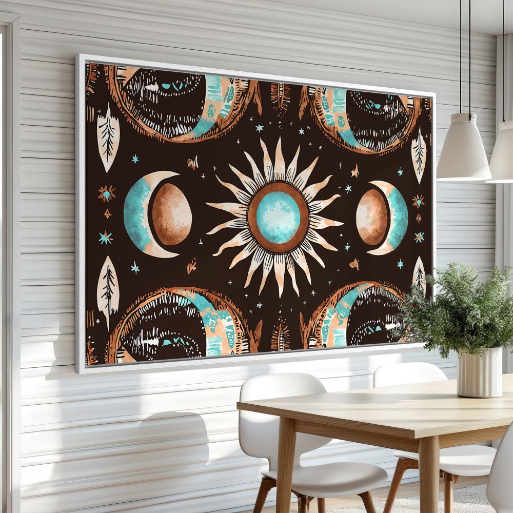 Framed Wall Art featuring a boho sun and moon design in teal and brown hues. Perfect for adding a touch of celestial style to your home.
