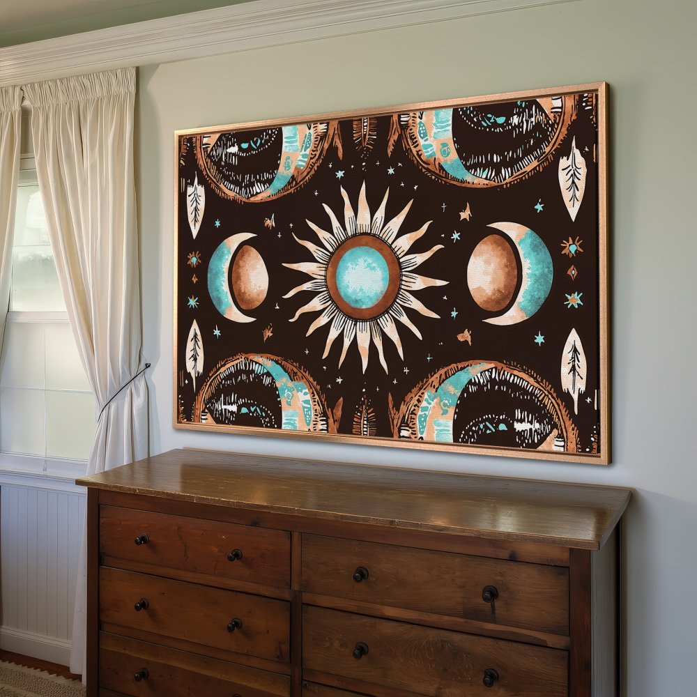 Framed Wall Art: Boho celestial design Canvas Print in brown, turquoise, and cream. Perfect for adding a touch of cosmic style to your home decor.