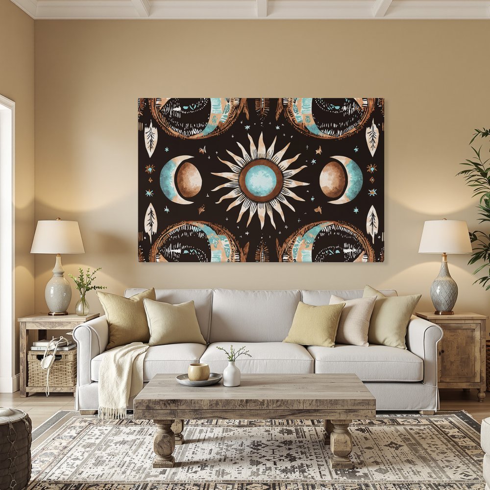 Framed Wall Art: Celestial sun & moon design in boho style, featuring turquoise, brown, and cream colors. Perfect for adding a touch of magic!