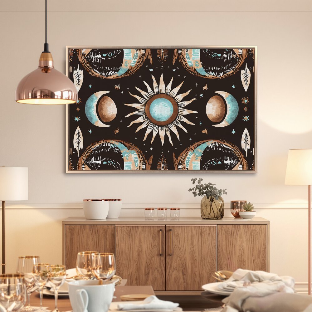 Framed Wall Art featuring a celestial design with sun, moon, and stars in a bohemian style. Earthy tones and teal accents create a stylish, artistic statement.