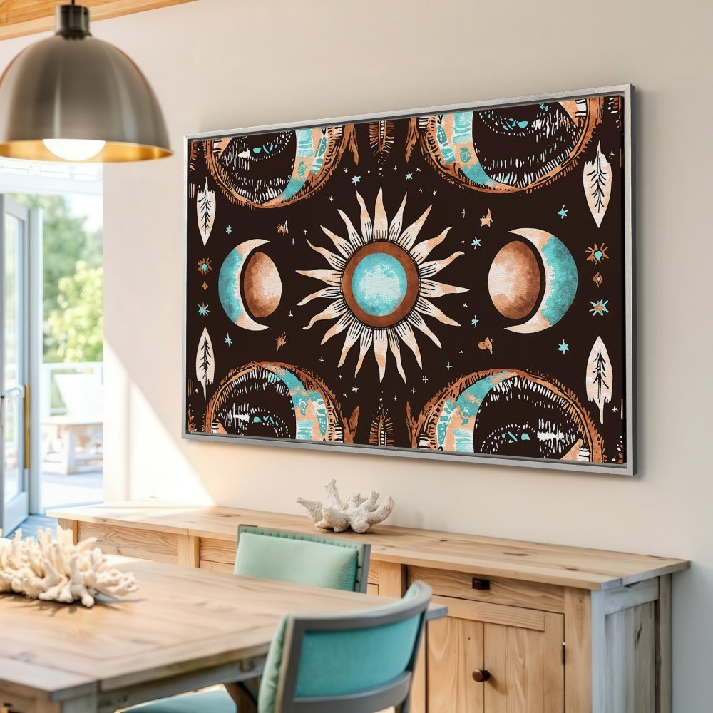 Framed Wall Art: Bohemian sun and moon canvas print in teal, brown, and cream. Add celestial vibes to your home decor!