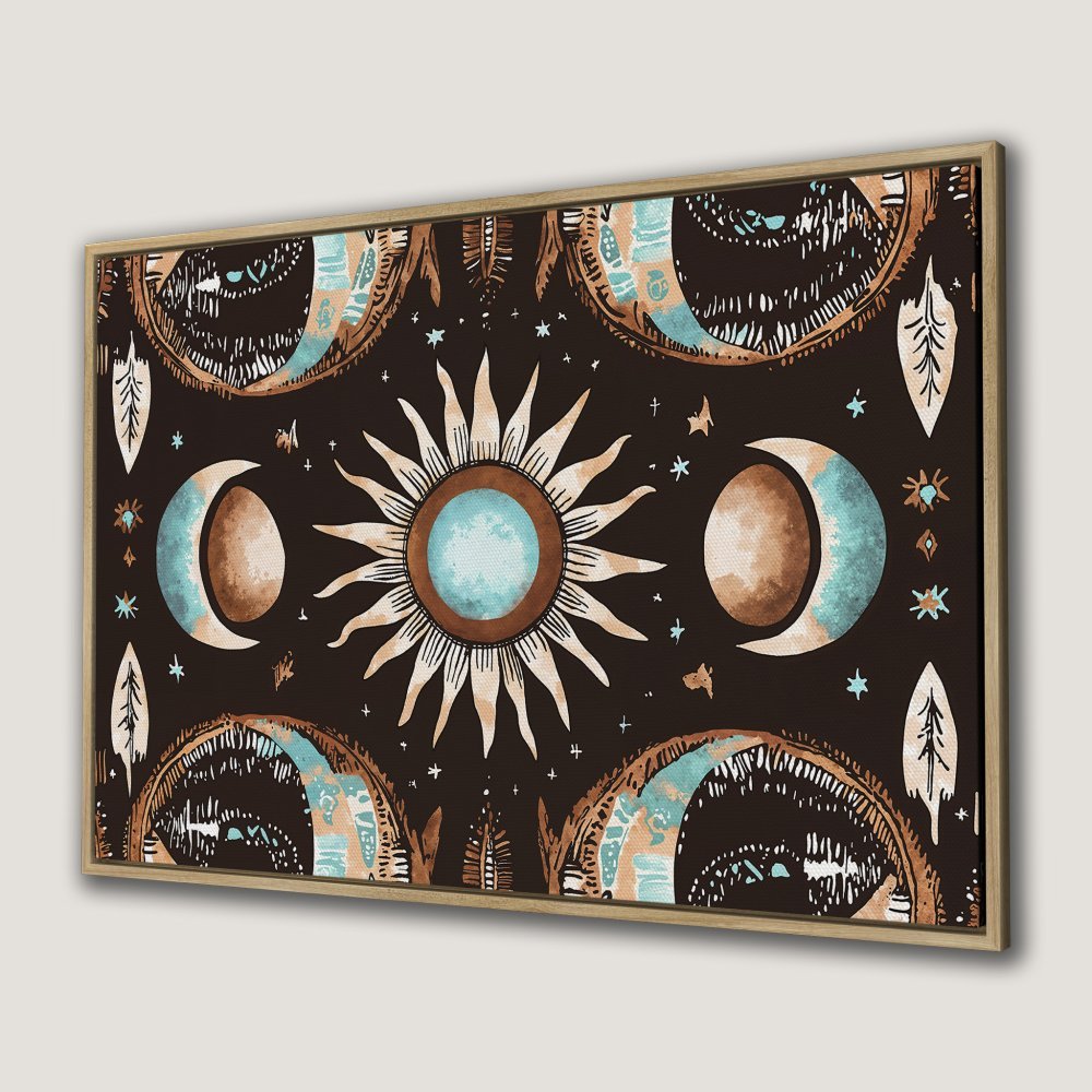 Bohemian Canvas Print featuring sun, moon, and stars in a warm brown, teal, and cream color palette. Perfect wall art for your space!